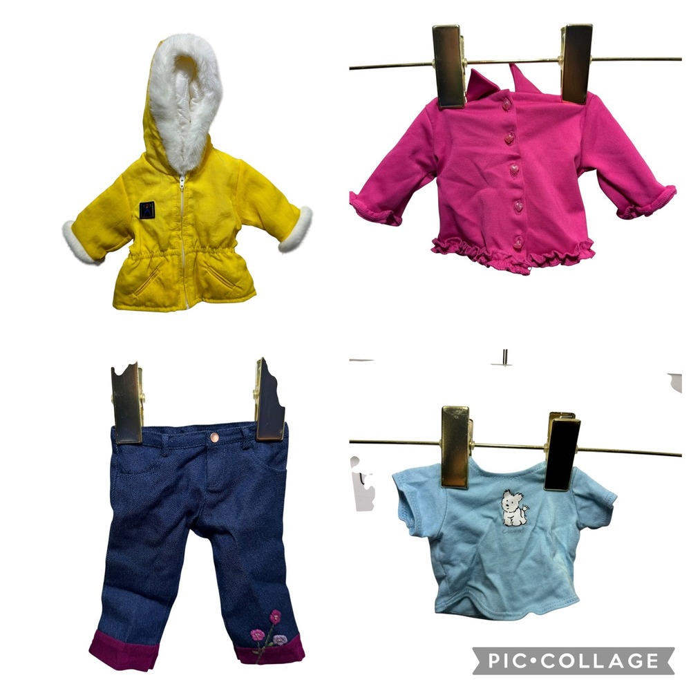 American Girl Doll Clothes Lot Yellow Fur Parka Pink Heart Top Coconut Tee Jeans